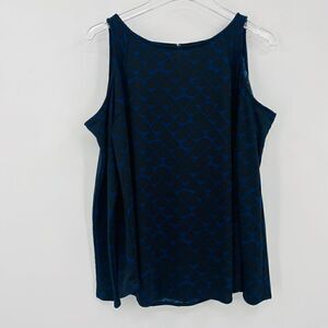 Ann Taylor Sz Medium Blue Black Geometric Print Long Sleeve Cold Shoulder Blouse